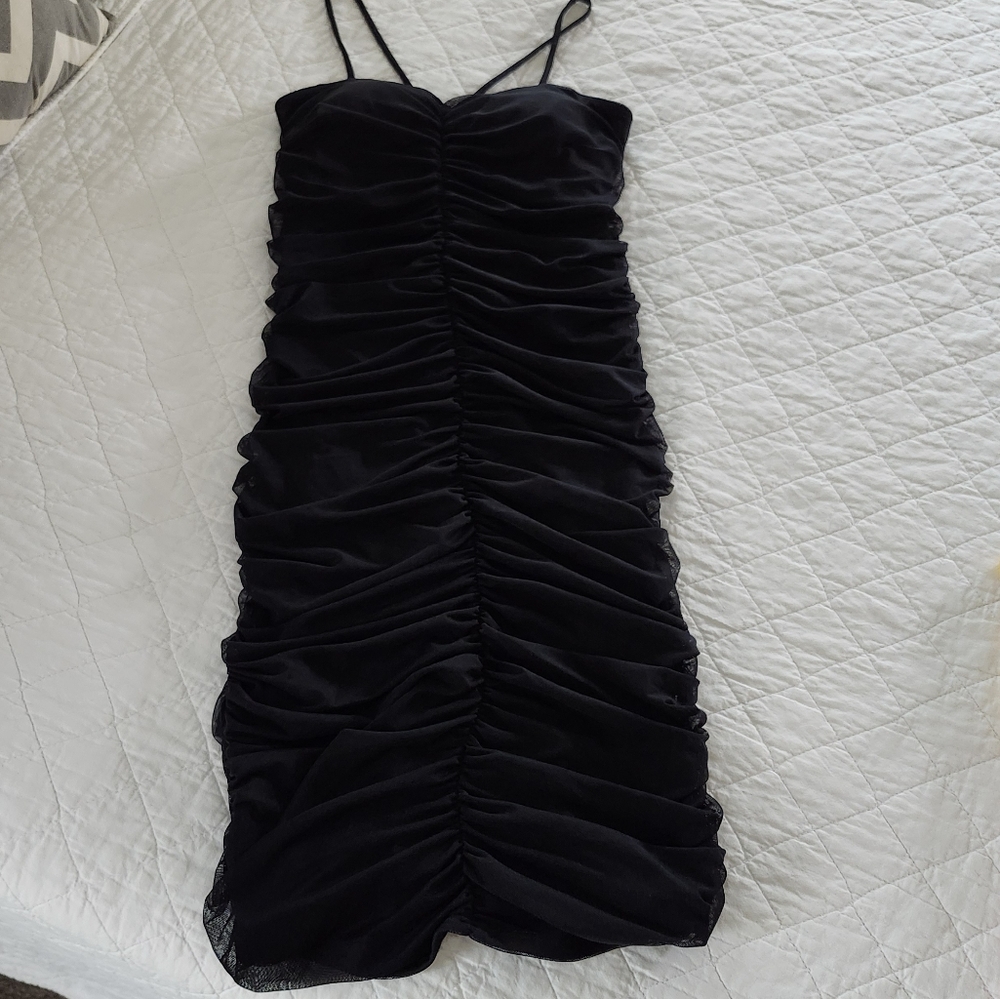 COCOA Black Mesh Ruched Dress, Size S, Made in USA